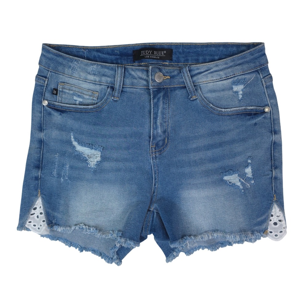 Judy Blue Cut Off Jean Shorts Women 26 Blue Distressed Eyelet Lace‎ Side Raw Hem